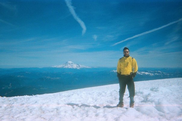 Atop Mount Adams with Mount Rainier in the distance